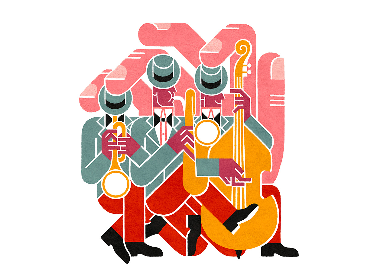 Jazz! adobe illustrator colorful design draw fun geometry hand happy icons illustration jazz lineart logo design music poster red rhythm vector
