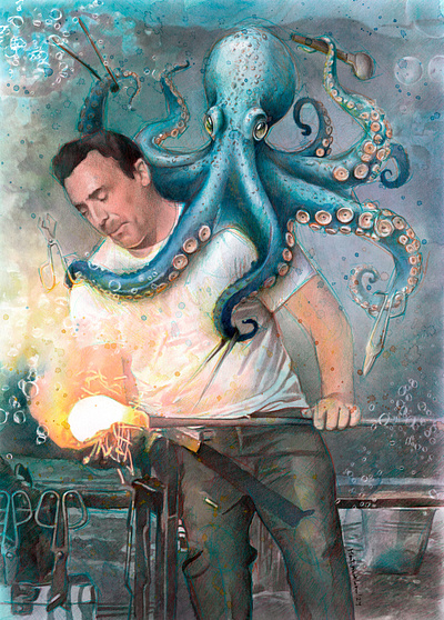 Man and octopus realistic portrait drawing by Mentiradeloro bubbles fire mentiradeloro octopus pencil portrait tentacle tentacles underwater water watercolor watercolour