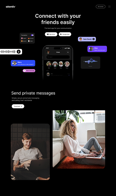 Attentiv - Landing page design for the messenger app components dark landingpage productdesign ui uiux ux visuals