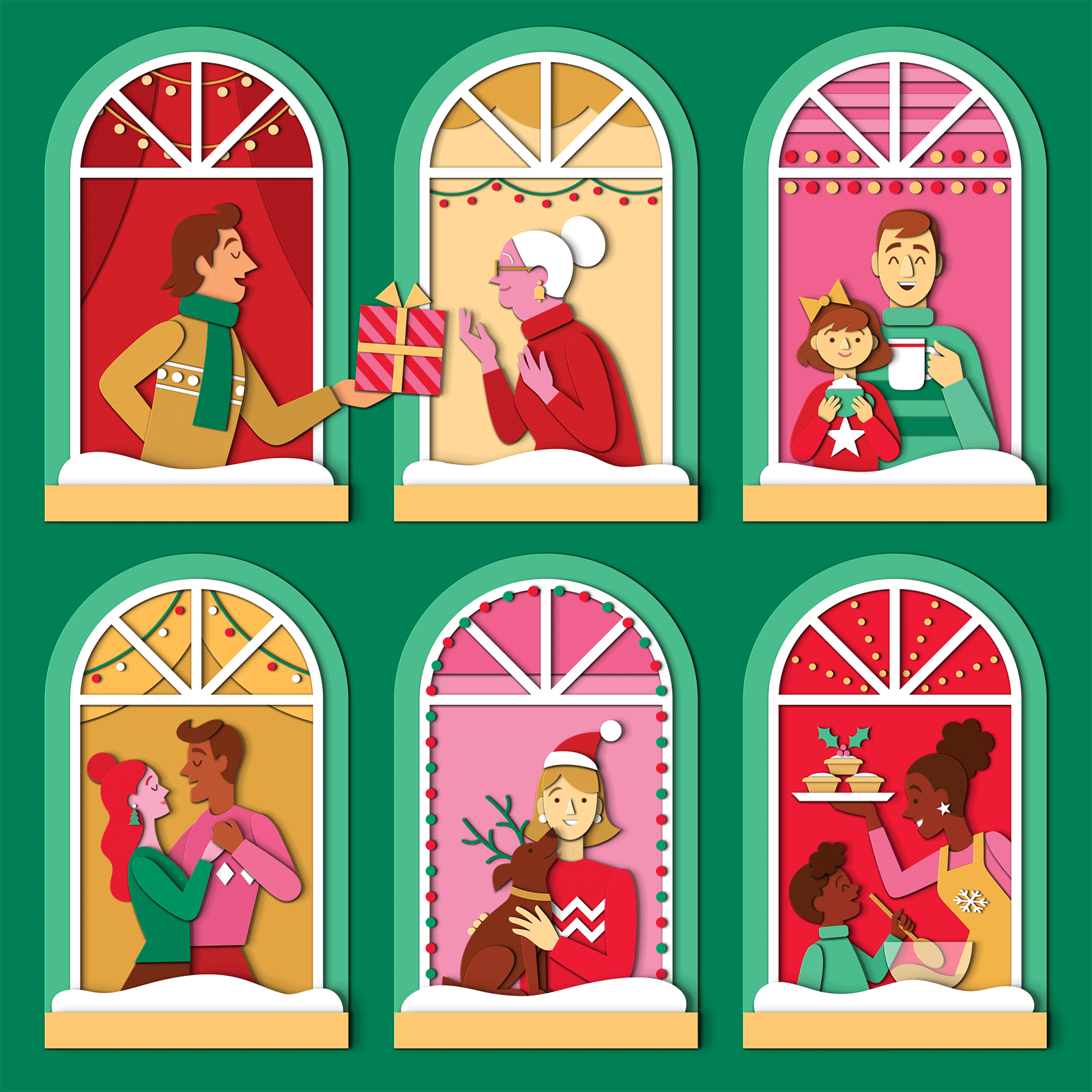 A Window to Christmas animation characters children christmas dancing design dog elderly fairy lights family festive gif gifts holidays illustration people seasonal vignette windows