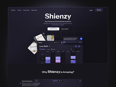 Shienzy AI Calendar Assistant Landing Page Design ai branding landing page modern ui ui design web design