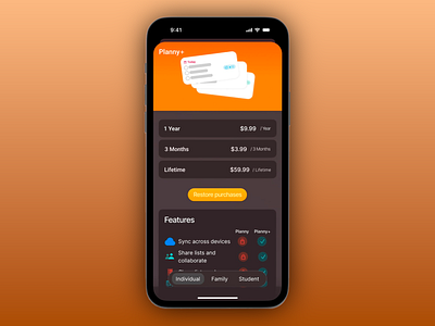 Planny+Subscription Options app design concept app ui design interface mobile mobile app mobile app design mobile ui mobile ui design mobile ux mobile ux design planning planny pricing features subscription ui ui design ui ux user interface ux