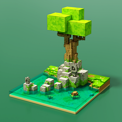 Pond Guardians 3d art design ill illustration magicavoxel pixel pond rock voxelart