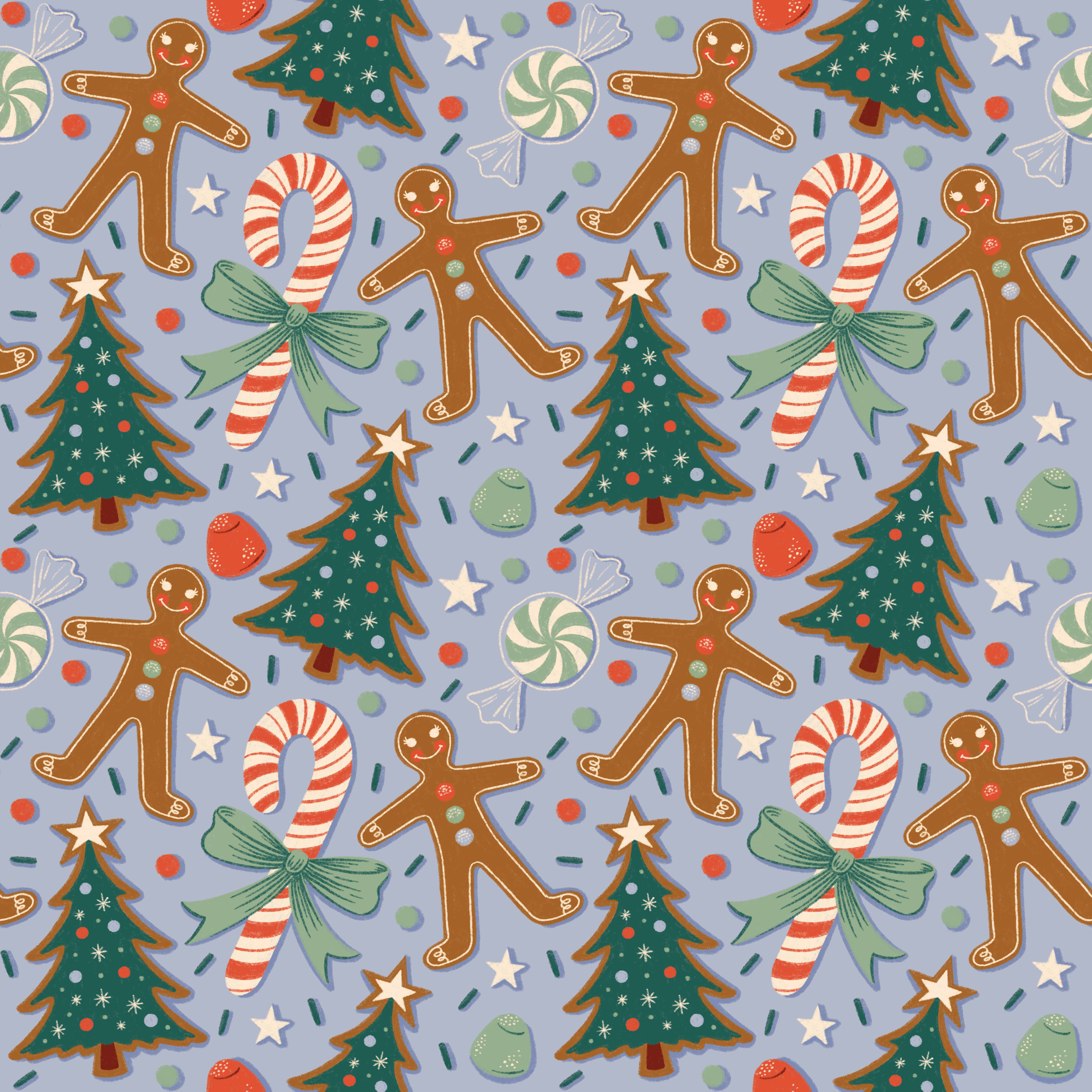 Christmas Sweets Pattern candy cane christmas pattern gift wrap gingerbread cookie gumdrops holiday cookies illustration pattern design sprinkles wrapping paper