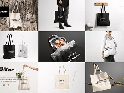 Tote Bag Mockup Set (v.1) creator creatsy custom customizable design designed generator mock up mock ups mockup mockups pattern patterns personalized printed smart object surface template templates tote bag mockup set