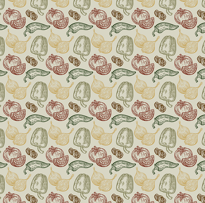 Veggie Illustrated Repeat Pattern background carving etching garlic illustration jalapeno line art lino linoleum onion pattern pattern design pepper repeat repeat pattern seamless surface design tomato veggie wallpaper