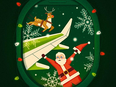 Clumsy Santa airplane airplane window branding christmas design festive green holiday illustration lights reindeer rudolph santa snowflakes texture vector vector illustration window wonderful