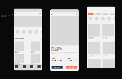 Wireframe for ECOM Website product listing.