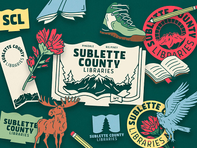 Sublette County Libraries - Brand Marks bird book boot brand branding design eagle flower handmade illustration lettering library logo moose rebrand type typography wordmark wyoming