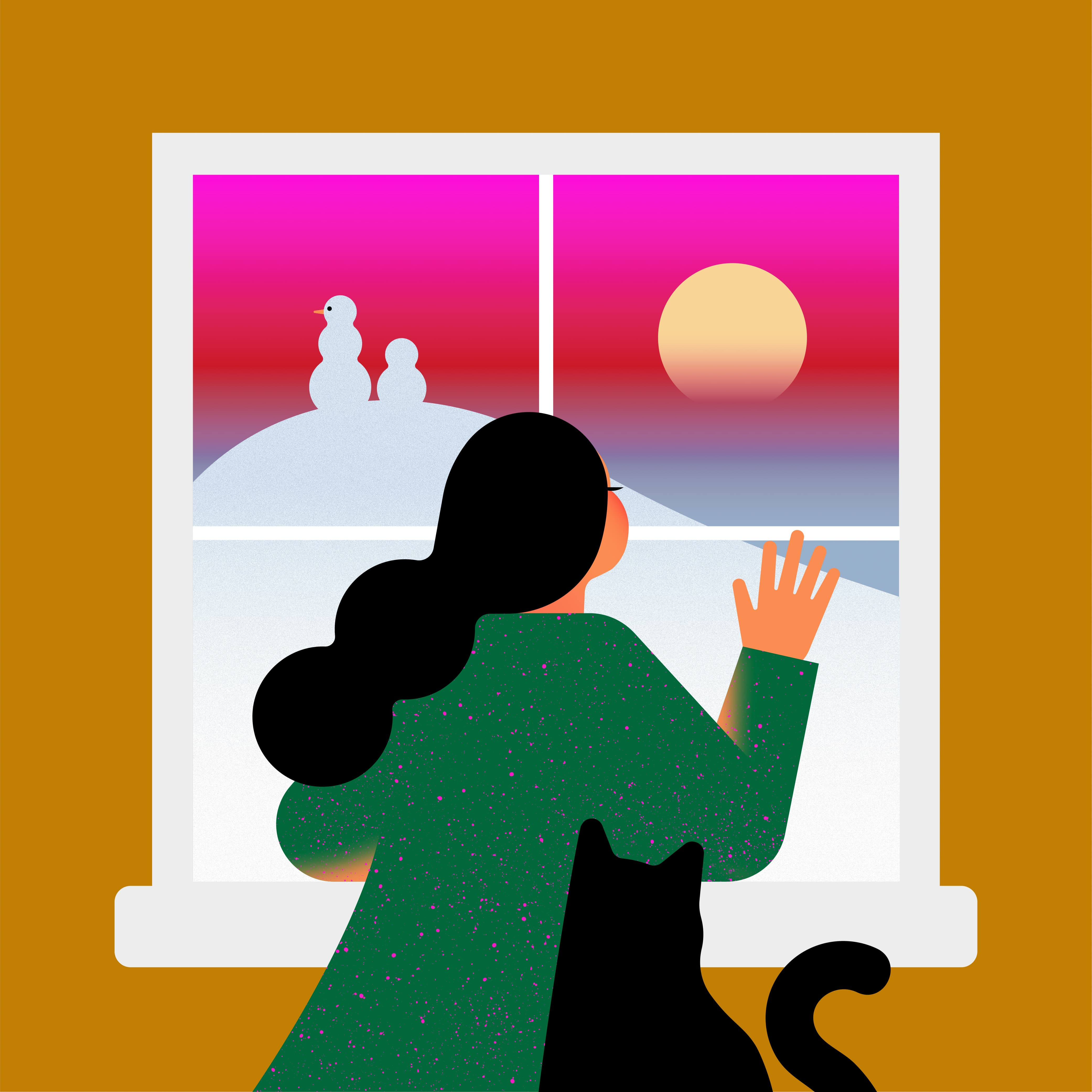 From the window christmas christmas lights colorful festive season flat glitter holiday illustration landscape season season greetings snow window xmas