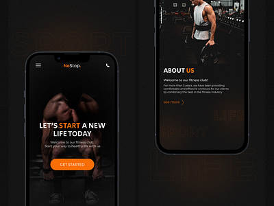 No Stop. Design for Fitness Club. Mobile 3d agency black background design fitness gym healthcare illustration interface mobile orange phone sport training ui ux webdesign website wellness workout