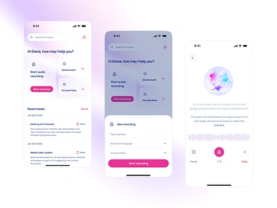 Smart Note-Taking App – Audio Recording and Management ai animation audio recording clean design gradients mobile app notes notes app recording recording app ui ux