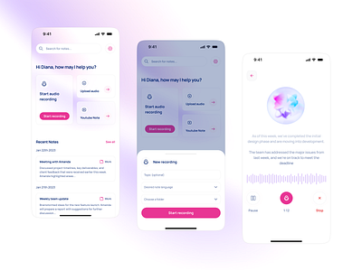 Smart Note-Taking App – Audio Recording and Management ai animation audio recording clean design gradients mobile app notes notes app recording recording app ui ux