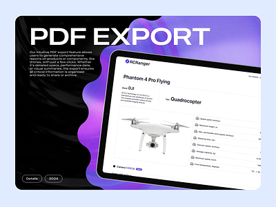 Generate PDF Reports with the Data You Need 3d drone data data report data sharing drone drone specs export file mockup pdf export pdf file print report scroll streamlined ui ui design ux design web design website wireframe