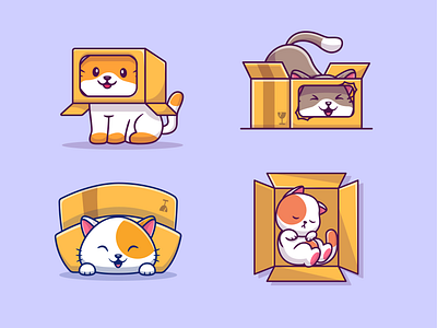 Cat with Box🐱📦 activity animals box branding cartoon cat character cute doodle flat game icon illustration logo package paw pet playing sleep square