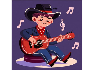 Hand Drawn Country Music Illustration acoustic cartoon casual character country cowboy entertainment guitar music musical musician notes outfit performance play playful rocking singing vibe western