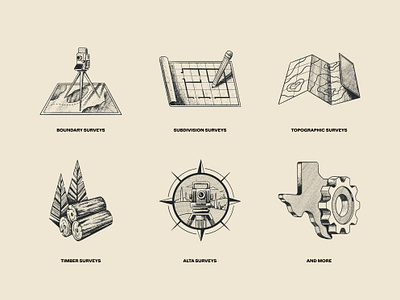 Land Surveying Icons alta boundary surveys branding design geodesy graphic design icon design icon set icons illustration land surveying logo map procreate subdivision surveying timber topographic ui vector