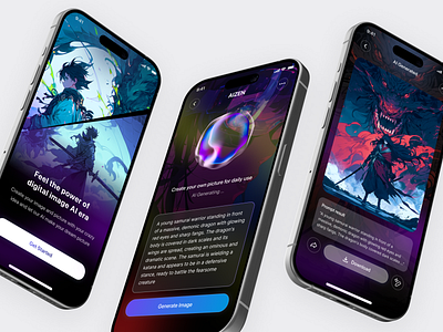 AIZEN - AI Image Generator ai ai app ai design ai image ai image generator app interface app ui art ai art generator artificial intelligence dark mode design image ai image generator interaction midjourney mobile app mobile design text to image ui