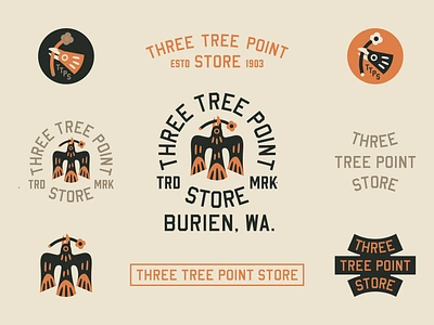 Three Tree Point Store - Option 1 architecture bird bodega brand brand design brand identity branding building design coffee coffee cup corner store crow logo logo design merchandise raven signage tshirt design visual identity