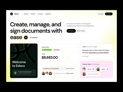 landing page: hero section bills collaboration documents email esignature invoices landing receipt ui user interface web web design