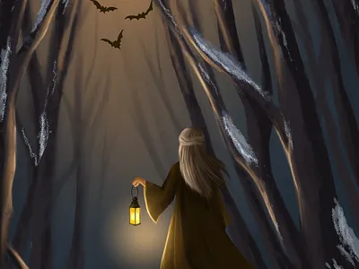 Whisper of the Frozen Night adobe illustrator art artwork bats dark digital art digital drawing drawing forest illustration latern night procreate walk woman