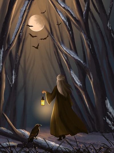 Whisper of the Frozen Night adobe illustrator art artwork bats dark digital art digital drawing drawing forest illustration latern night procreate walk woman