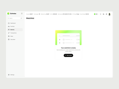 Coinstax: Watchlist Empty State clean clean dashboard coinstax crypto watchlist cryptocurrency dashboard dashboard empty state dashboard watchlist empty state empty state illustration modern web app ui ui design user interface ux watchlist web app web app design web3