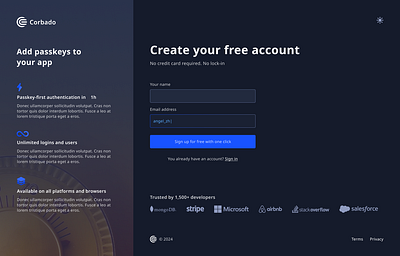 Corbado sign up wizard web design