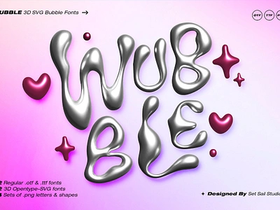 Wubble SVG Font & Letterset 00s 2000 2000s 3d adorable balloon bubble chrome colour cuddling fun kids liquid metal metallic playful shiny svg trendy