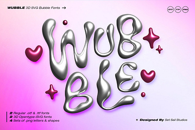 Wubble SVG Font & Letterset 00s 2000 2000s 3d adorable balloon bubble chrome colour cuddling fun kids liquid metal metallic playful shiny svg trendy