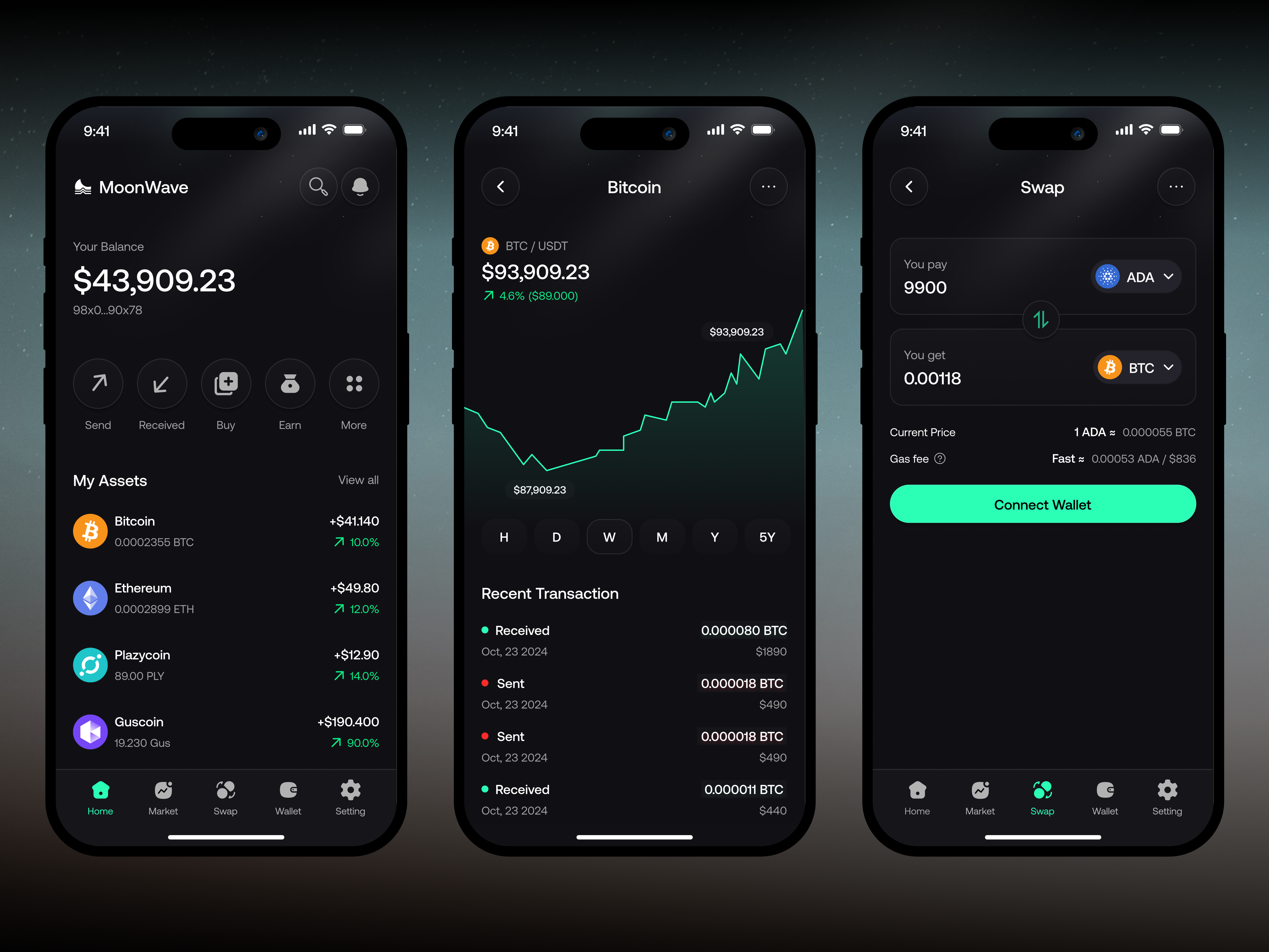 Moon Wave - Crypto Wallet App coinbase crypto app crypto banking crypto currency crypto exchange decentralized finance defi app exchange finance financial fintech app mobile app mobile app design saas startup stats stocks swap web design