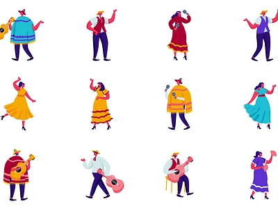 Musicians Characters 2D Animation Pack 2d animation artist character cultural dancer flat folk guitar icons illustration mexica mexican motion music musical instruments musician outfits pack performance