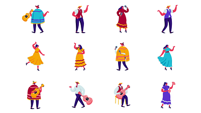 Musicians Characters 2D Animation Pack 2d animation artist character cultural dancer flat folk guitar icons illustration mexica mexican motion music musical instruments musician outfits pack performance