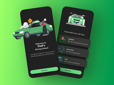 🎉 Dad's Driving School App 🚗 app design dark mode driving app driving school green ui learning app movile app school ui ui desogn