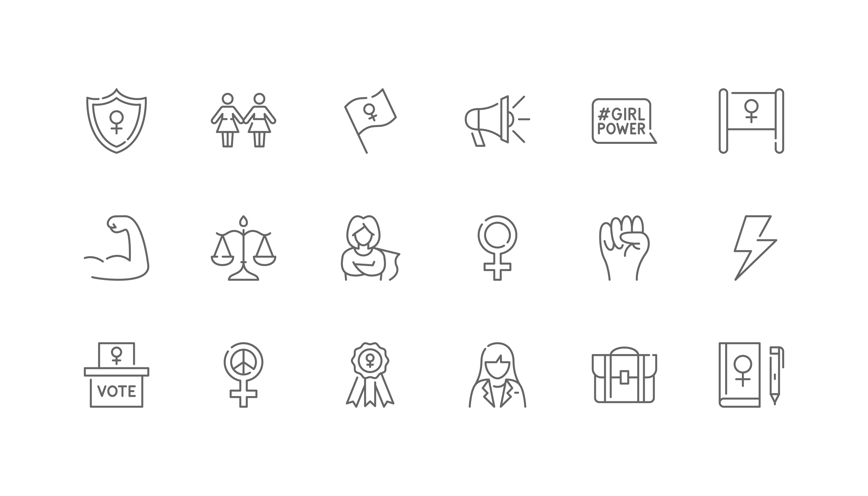 Women's Rights and Feminism | Set of line icons, editable stroke activist voice civil rights clean lines editable stroke equal representation female leadership feminist solidarity flat design gender balance gender justice icon set international womens day minimal modern symbol outline style political equality scalable social change vector graphic web element