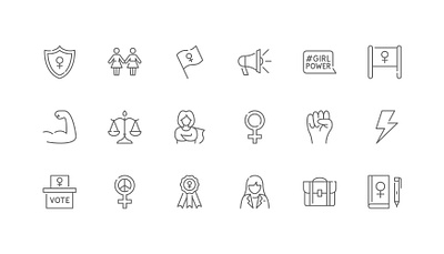 Women's Rights and Feminism | Set of line icons, editable stroke activist voice civil rights clean lines editable stroke equal representation female leadership feminist solidarity flat design gender balance gender justice icon set international womens day minimal modern symbol outline style political equality scalable social change vector graphic web element