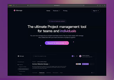 Manage - Project management landing page animation figma landing page product design project management saas saas landing page ui ui design web design