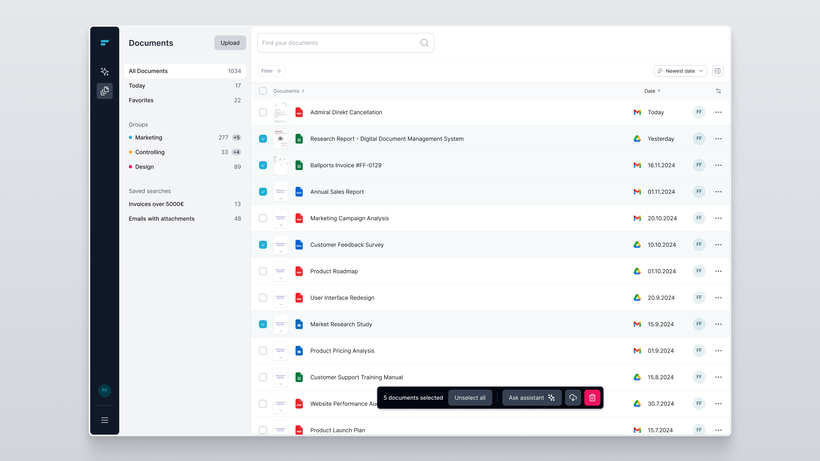 Modern document managment tool ai checkbox dms documents files filters list navbar refind.ai searchbar selection sidebar sorting table toolbar