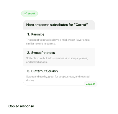 AI feedback response -Copied response ai app chat modal ui