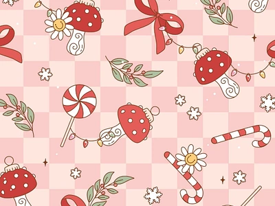 Christmas Toadstools Seamless bows checkered christmas christmas pattern cute pattern fabric design graphic design groovy groovy seamless ornaments pattern pattern inspo retro seamless seamless pattern toadstool toadstools vintage