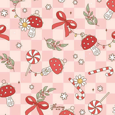 Christmas Toadstools Seamless bows checkered christmas christmas pattern cute pattern fabric design graphic design groovy groovy seamless ornaments pattern pattern inspo retro seamless seamless pattern toadstool toadstools vintage