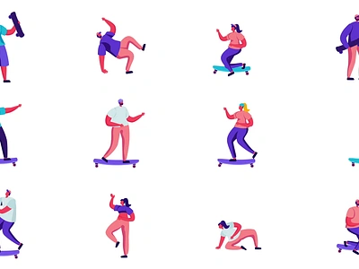 Skateboarding Characters 2D Animation Pack 2d action animation characters dynamic poses extreme flat icons illustration motion people skate skateboard skateboarder skateboarding sport sports street culture urban youth