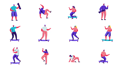 Skateboarding Characters 2D Animation Pack 2d action animation characters dynamic poses extreme flat icons illustration motion people skate skateboard skateboarder skateboarding sport sports street culture urban youth