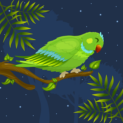 Dreamy Parrot Illustration on a Leafy Branch animal art bird illustration colorful art creative process cute animal digital illustration dribbble graphic design green parrot illustration series nature inspiration parrot parrot illustration playful design tropical art tropical vibes vector vector art vector illustration