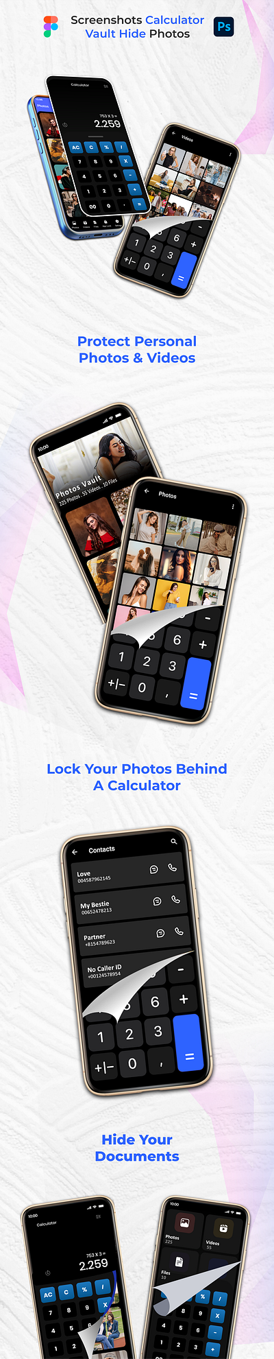 CALCULATOR VAULT HIDE PHOTOS APP (Screenshots) apps graphics appstore design graphic design mobile app playstore screenshots