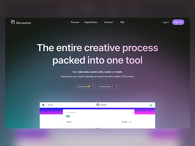 Nouswise - Creative Database Design branding creative creative tool dark mode database design graphic design landing page landing page ui note taking productivity search ui ui design ux ux design vector web ui web ux writing