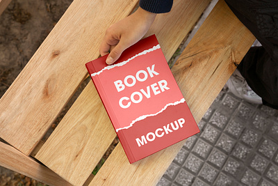 Book Cover Mockup bench book branding cover design graphic design logo mockup person realistic wood