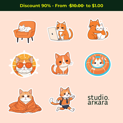 Cat Sticker Set Disc 90%, Only $1 cat costumize cute illustration illustrationset orange sticker stickerset