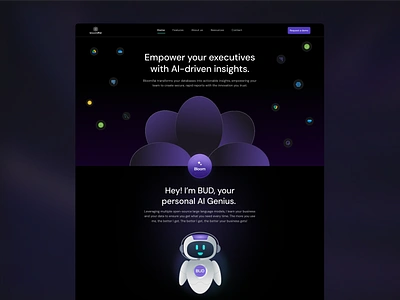 BloomifAI: Empowering Executives with AI-Driven Insights ai aiplatform branding bud dark darktheme datavisualization executiveinsights ia moderndesign purple reports responsiveweb robot ui uidesign ux webdesign website