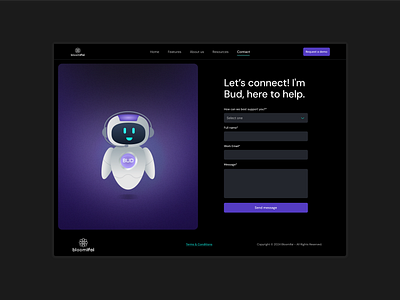 BloomifAI - Contact Page ai aiassistant app branding contact contactpage dark darkmode darktheme design form graphic design ia purple robot ui ux web design website